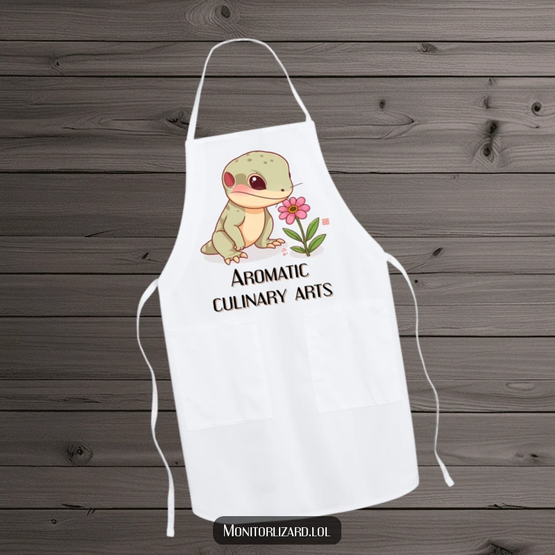 Funny monitor lizard apron featuring a curious reptile sniffing a tiny, colorful flower, ideal for cooks who enjoy nature-themed kitchenware.