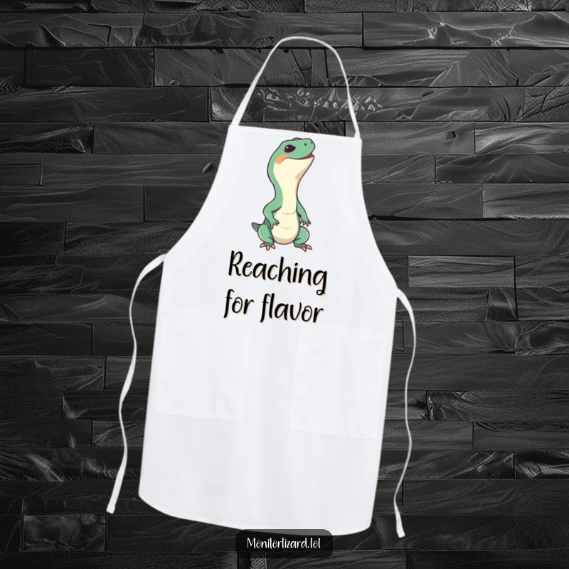 Funny monitor lizard apron featuring a happy reptile stretching its neck upwards with a big grin, ideal for cheerful cooks.