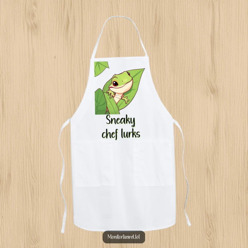 Funny monitor lizard apron with a mischievous lizard peeking from behind a jungle leaf, ideal for kitchen protection.