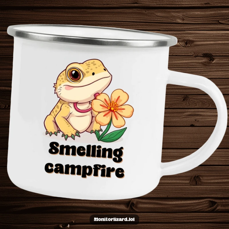 Funny monitor lizard camping mug showing a curious lizard flicking its tongue while examining a flower, durable and fun.