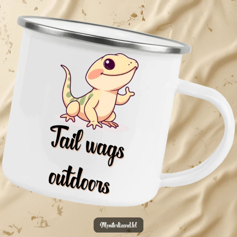 Funny monitor lizard camping mug showing a playful lizard doing a happy wiggle with its tail, durable and fun.