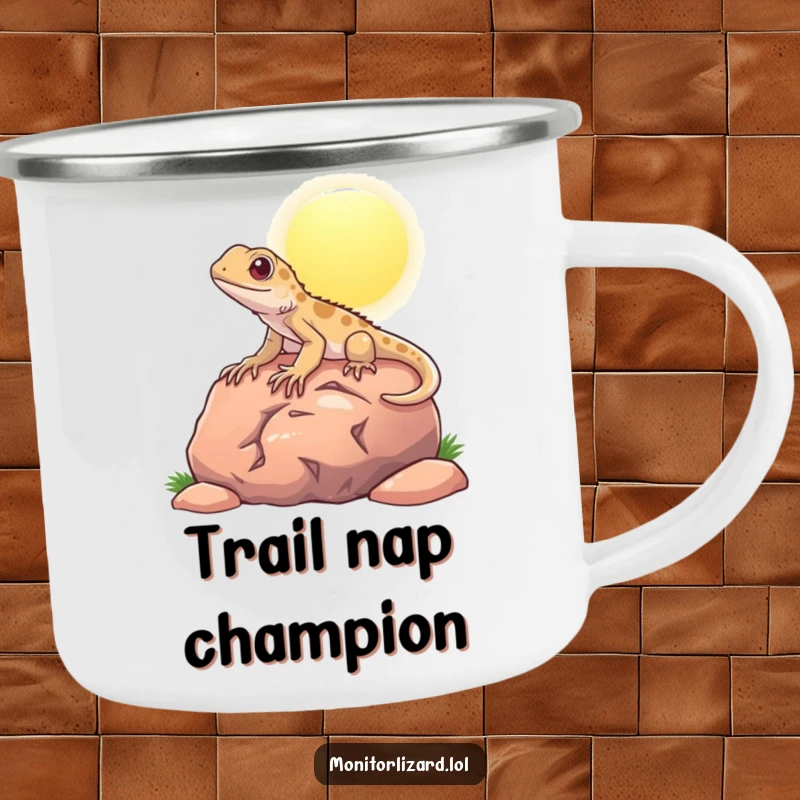 Funny camping mug with a content monitor lizard basking on a rock, ready for outdoor adventures with a humorous twist.