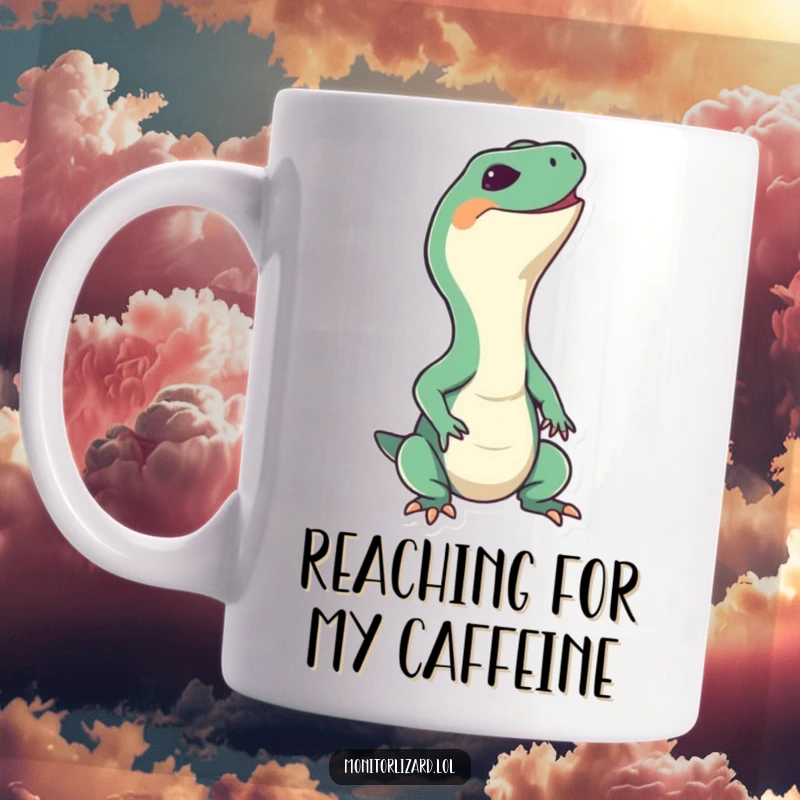 Funny monitor lizard mug with a happy reptile stretching its neck upwards with a wide grin, conveying pure joy and optimism.