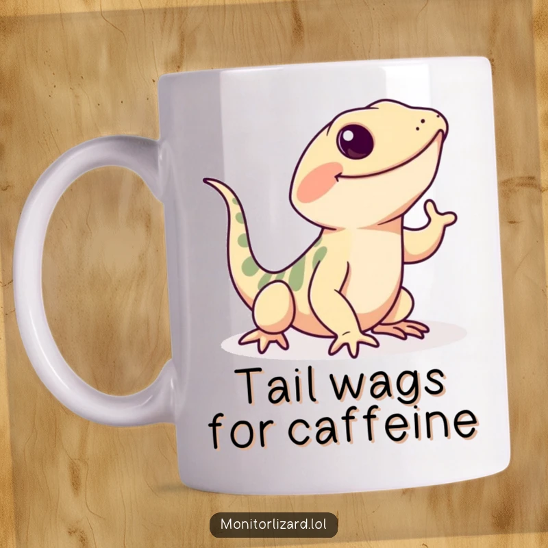 Funny monitor lizard mug showing a happy lizard doing a little wiggle with its tail, full of playful energy.