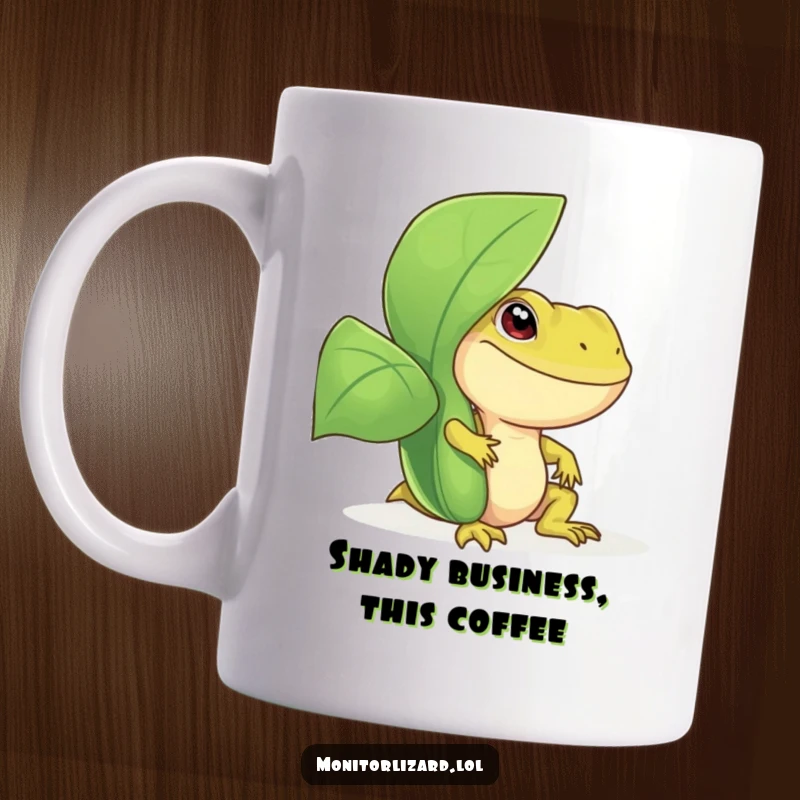 Funny monitor lizard mug with a smiling reptile peeking playfully from behind a vibrant, large green leafy plant, perfect for nature lovers.