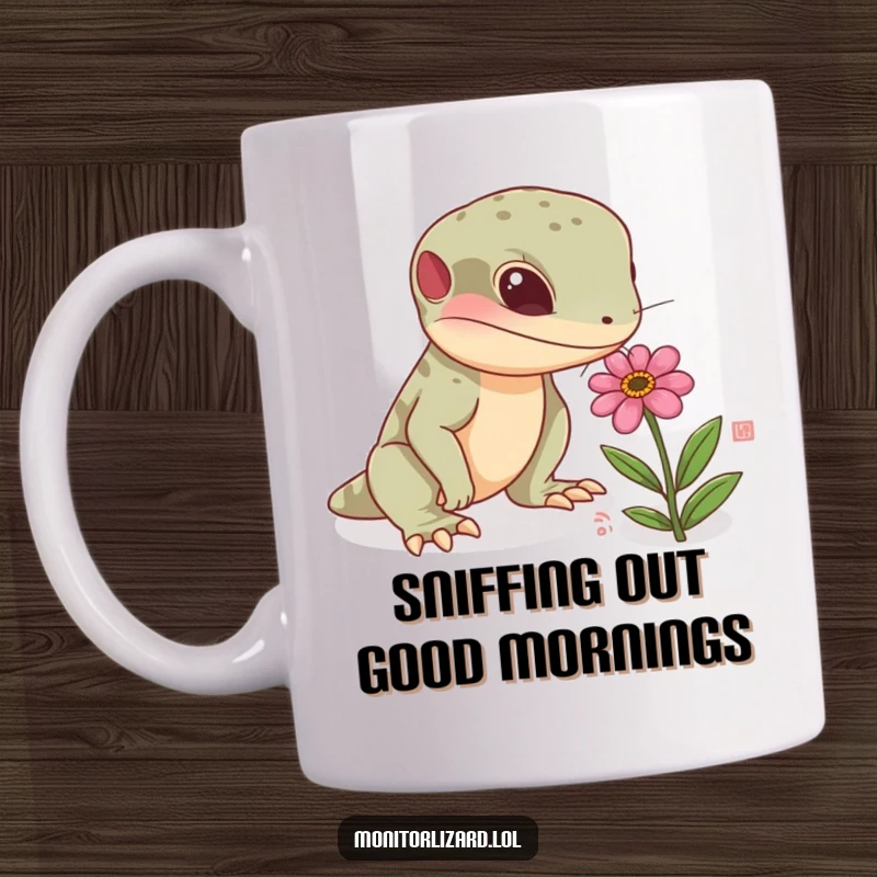 Funny monitor lizard mug featuring a curious reptile sniffing a tiny, colorful flower with an inquisitive expression, ideal for nature enthusiasts.