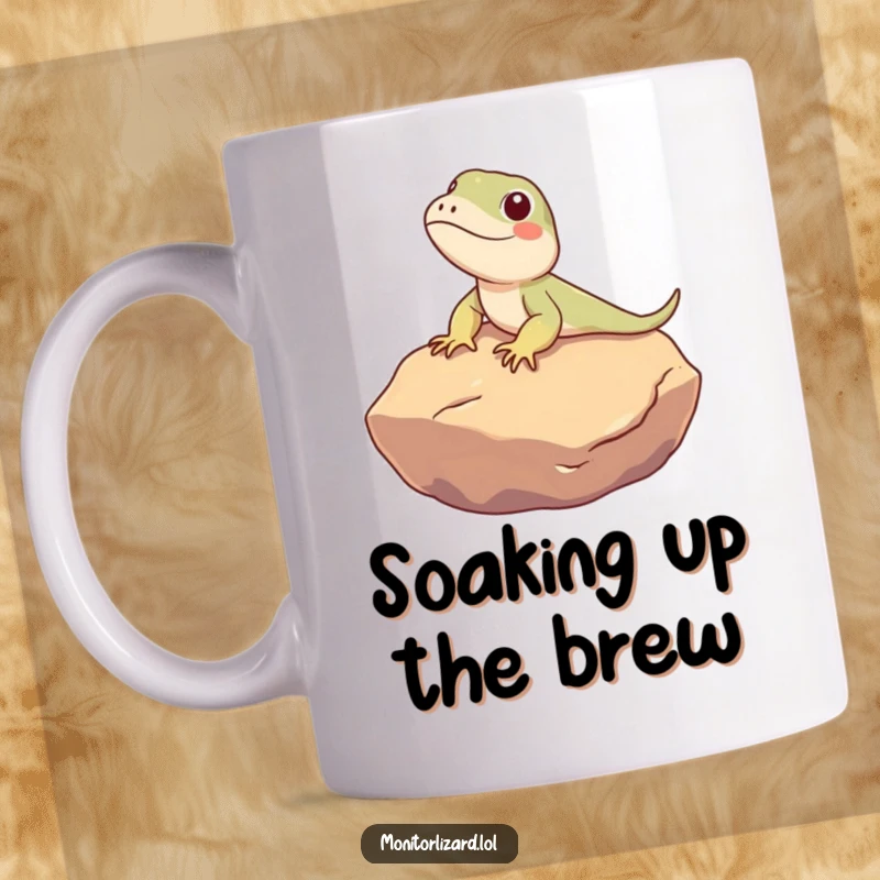 Funny Monitor Lizard Mug: A cute monitor lizard character happily sunbathes on a warm rock, embodying pure relaxation.