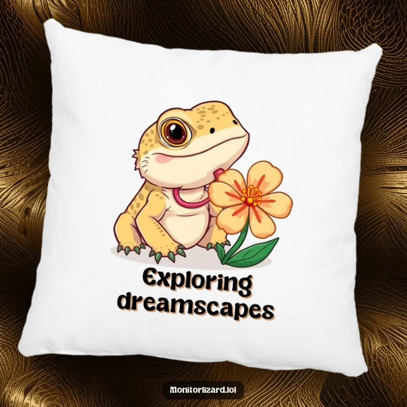Funny monitor lizard pillow with a curious lizard flicking its tongue while examining a brightly colored flower, offering comfort.
