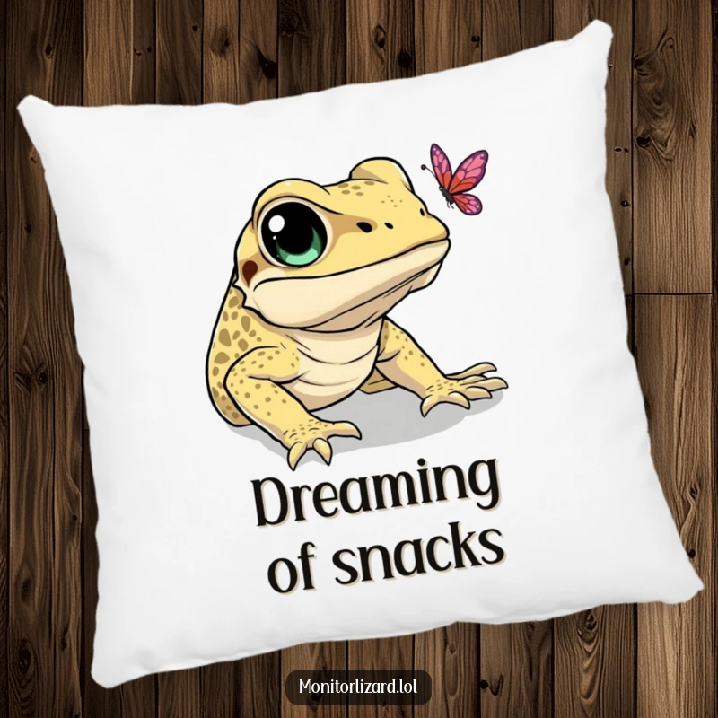 Funny pillow depicting a monitor lizard with bright, curious eyes, humorously trying to catch a butterfly. Plush and funny.