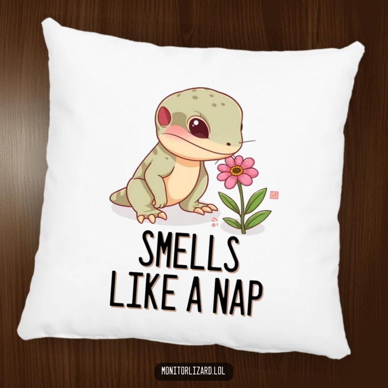 Funny monitor lizard pillow with a curious reptile sniffing a tiny, colorful flower, perfect for adding comfort and a touch of nature.