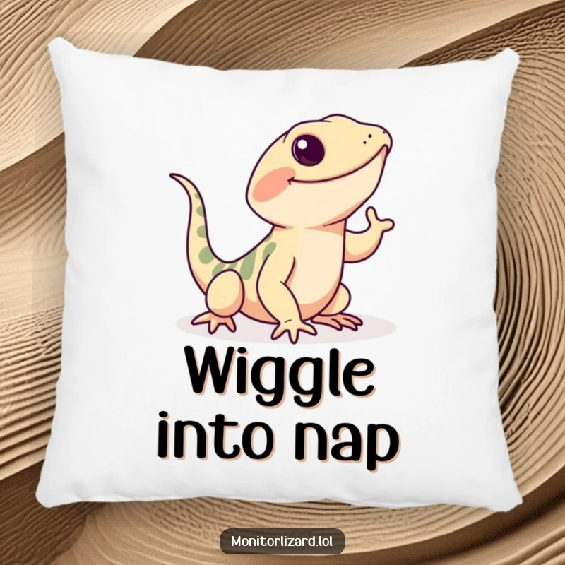 Funny monitor lizard pillow with a playful lizard doing a happy wiggle with its tail, offering soft comfort and joy.