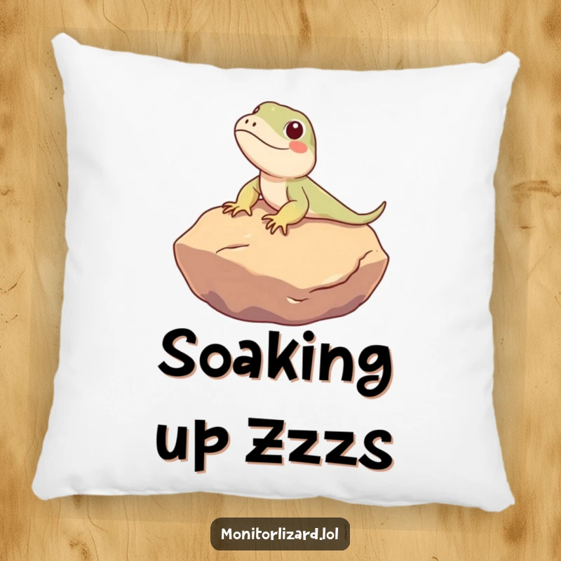 Funny Monitor Lizard Pillow: A cute monitor lizard character humorously sunbathes on a warm rock, offering cozy and amusing decor.