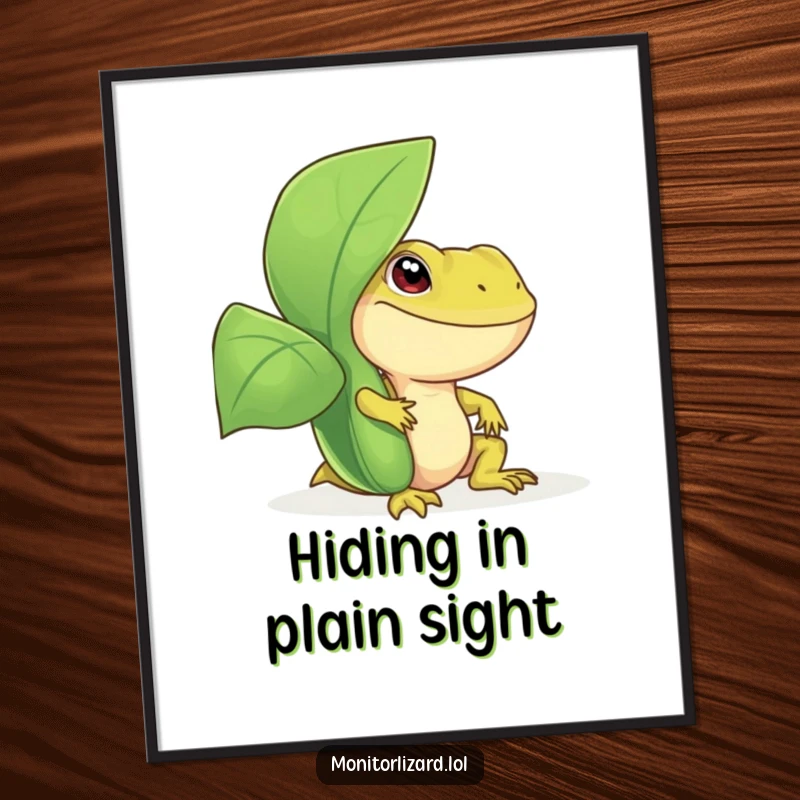 Funny monitor lizard digital art print of a smiling reptile peeking playfully from behind a large, green leafy plant, perfect for instant wall decor.