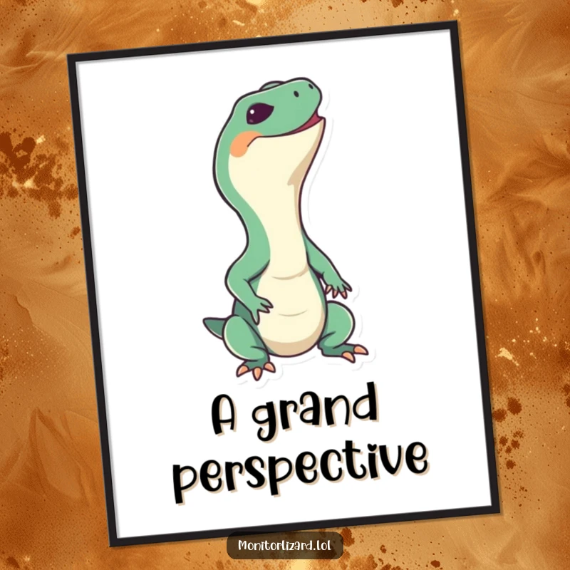 Funny monitor lizard digital art print of a happy reptile stretching its neck upwards with a big grin, ideal for cheerful wall decor.