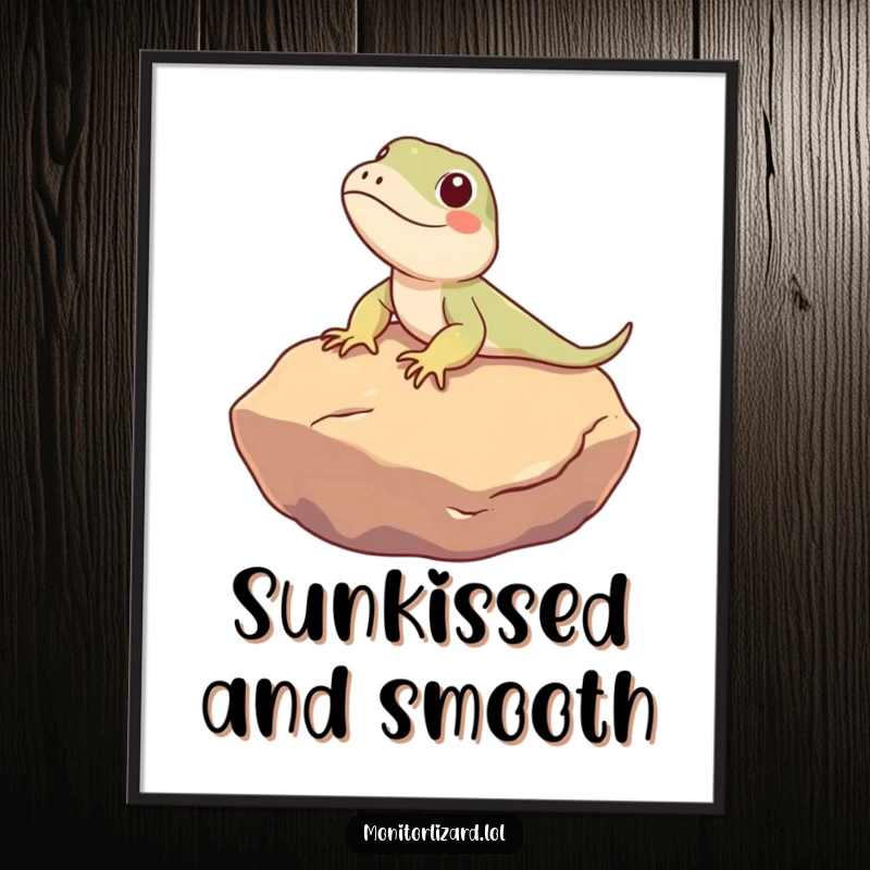 Funny Monitor Lizard Digital Art Print: A cute monitor lizard character humorously sunbathes on a warm, smooth rock in this peaceful artwork.