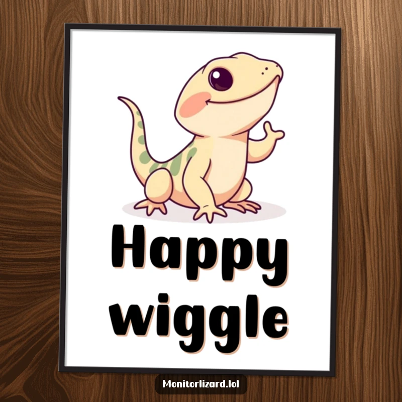 Funny monitor lizard digital art print of a playful lizard doing a happy wiggle with its tail, ready for download.