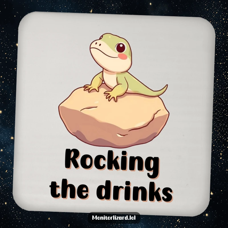 Funny Monitor Lizard Coaster: A cute monitor lizard character humorously sunbathes on a warm rock, offering relaxed protection.