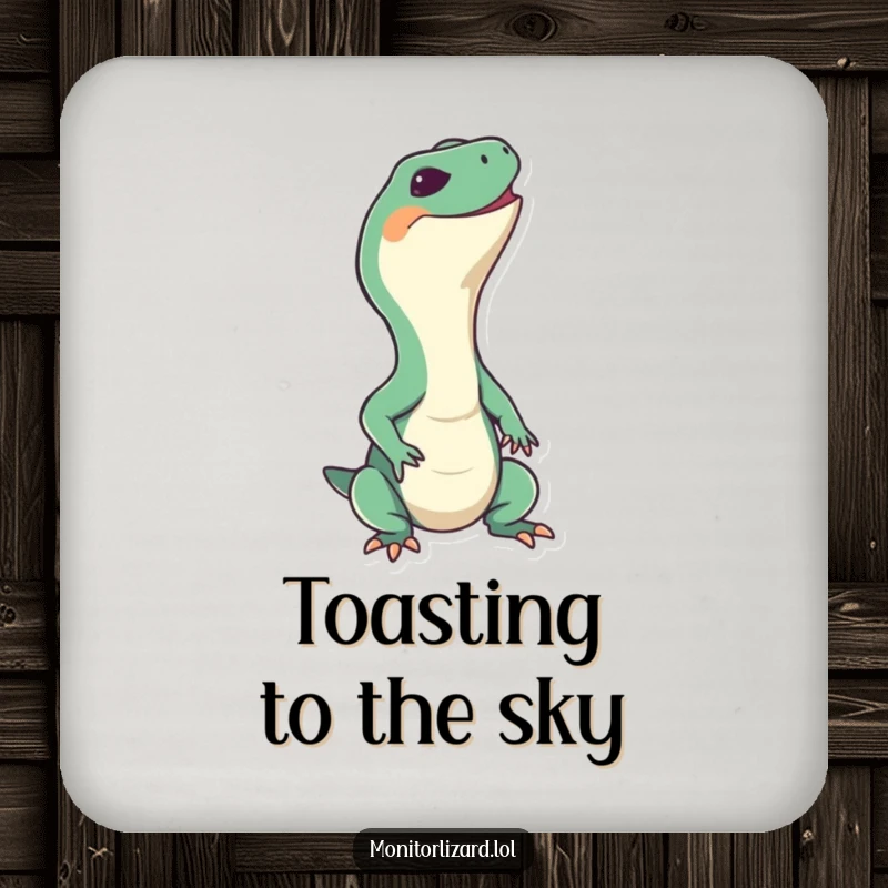 Funny monitor lizard coaster featuring a happy reptile stretching its neck upwards with a big grin, protecting surfaces with joy.
