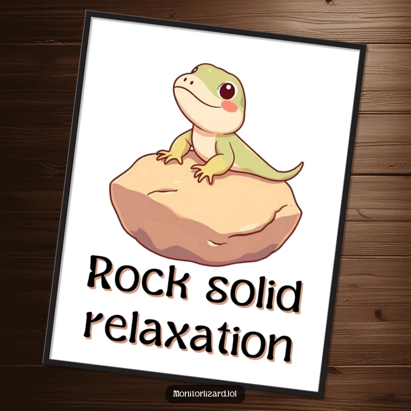 Funny Monitor Lizard Poster: A cute monitor lizard character happily sunbathes on a warm, smooth rock in this humorous and peaceful artwork.