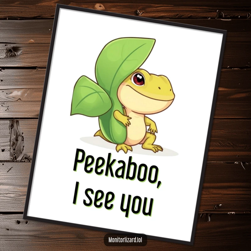 Funny monitor lizard poster showcasing a smiling reptile peeking mischievously from behind a large, lush green plant, ideal for wall decor.