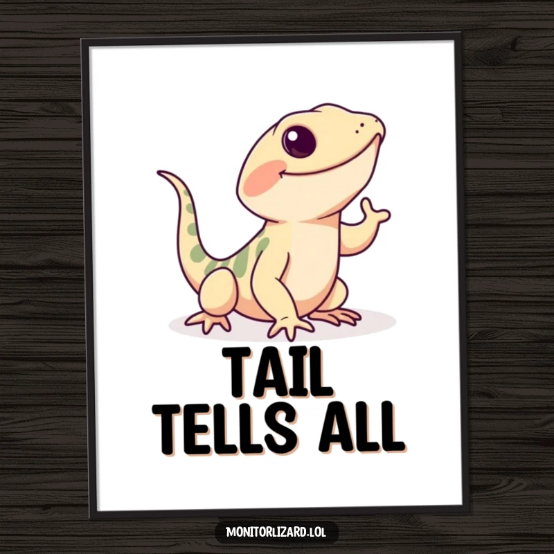 Funny monitor lizard poster featuring a playful lizard doing a happy wiggle with its tail, creating a joyful scene.