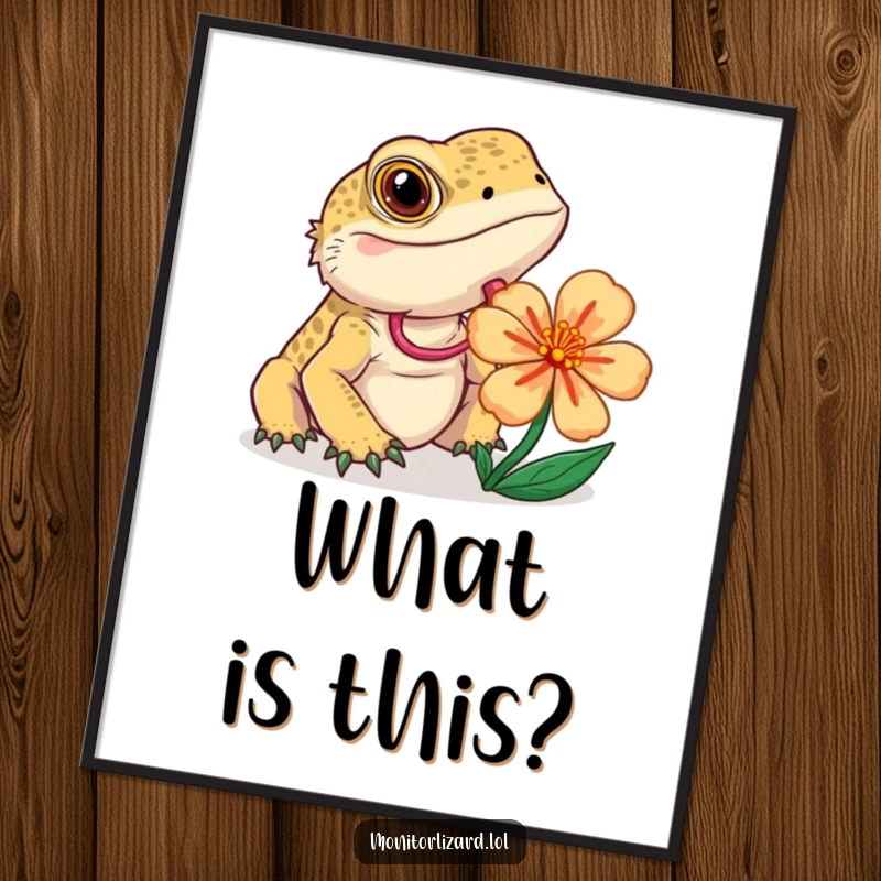 Funny monitor lizard poster featuring a curious lizard flicking its tongue while examining a vibrant, colorful flower.