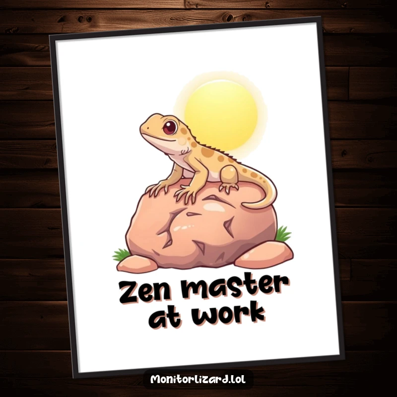 Funny poster art of a content monitor lizard basking on a warm rock, capturing a moment of pure reptile bliss.