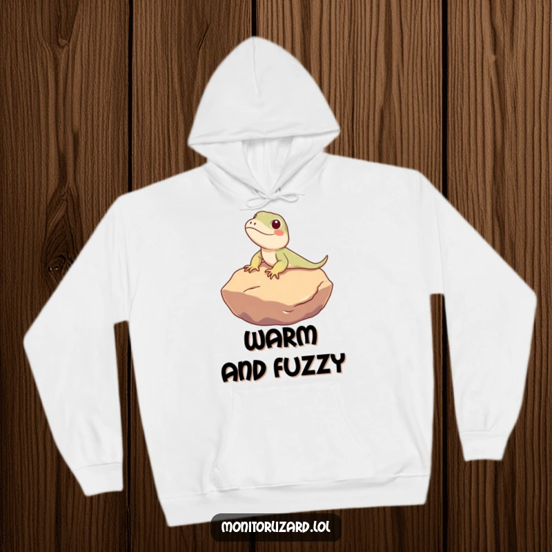 Funny Monitor Lizard Hoodie: A cute monitor lizard character humorously sunbathes on a warm rock, offering cozy and relaxed style.