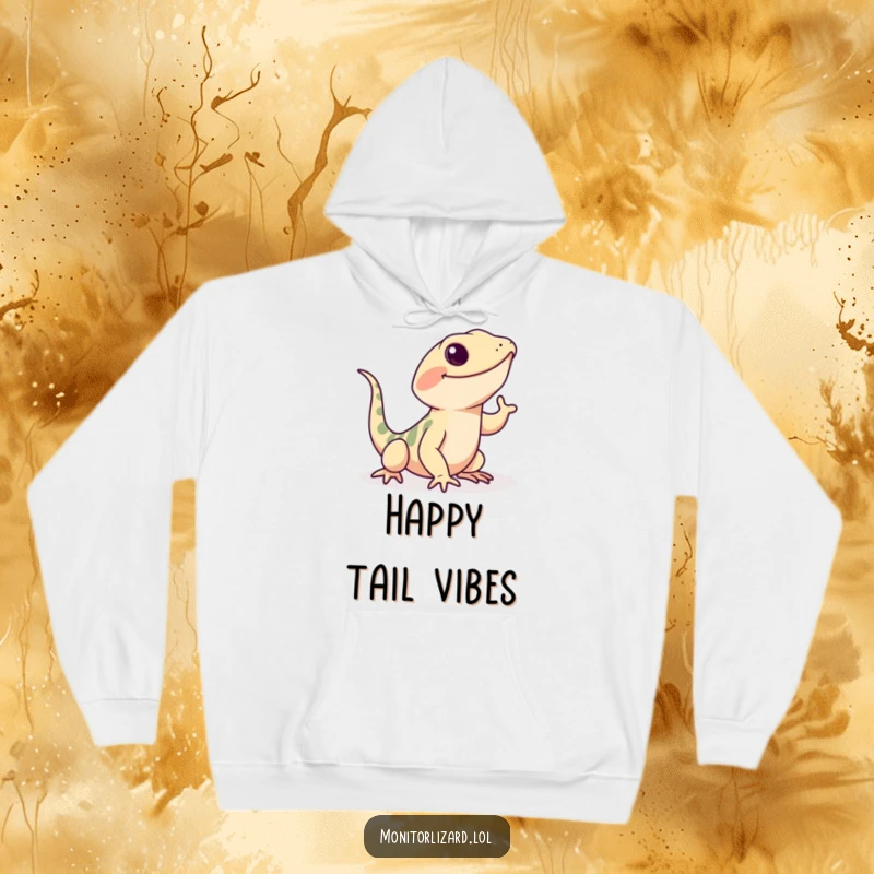 Funny monitor lizard hoodie with a playful lizard doing a happy wiggle with its tail, offering warmth and cheer.