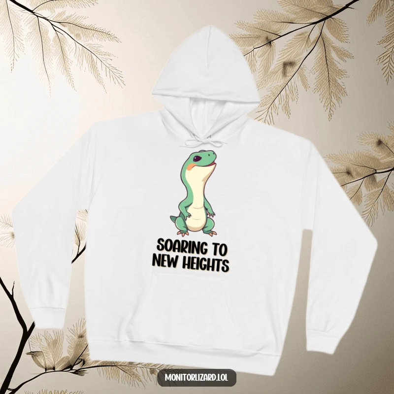 Funny monitor lizard hoodie with a happy reptile stretching its neck upwards with a big grin, ideal for spreading cheer.