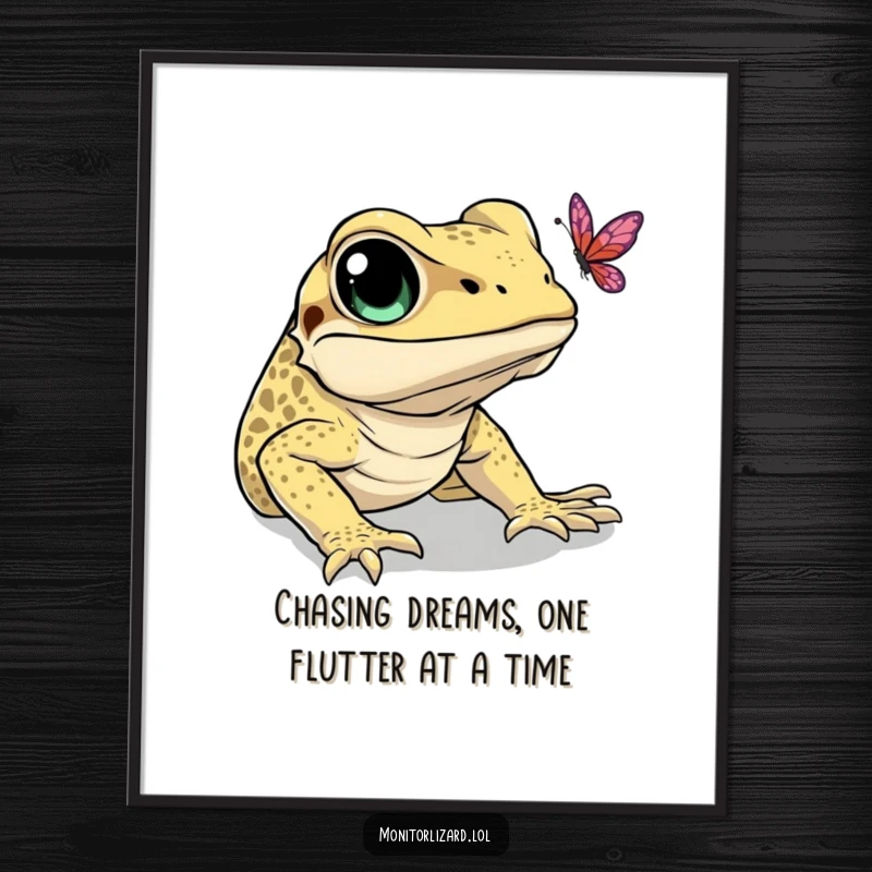 Funny Free Printable Wall Art capturing a monitor lizard with wide eyes attempting to catch a delicate butterfly in mid-air.