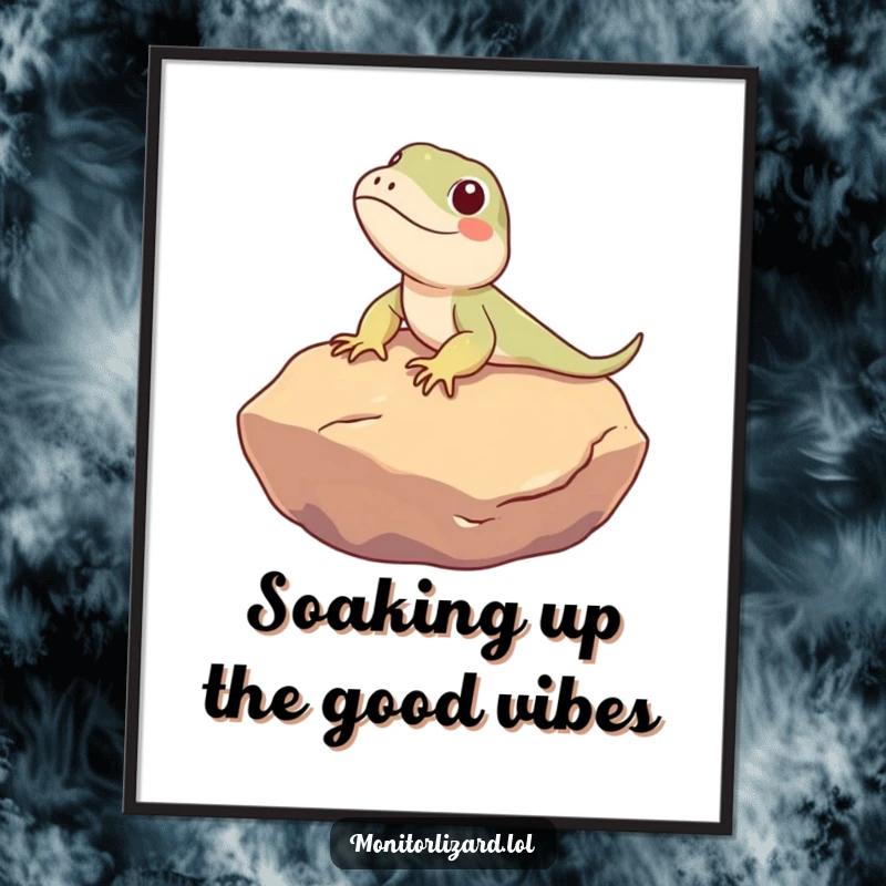 Funny Free Printable Wall Art: A cute monitor lizard happily sunbathes on a smooth warm rock, exuding peaceful, humorous charm.