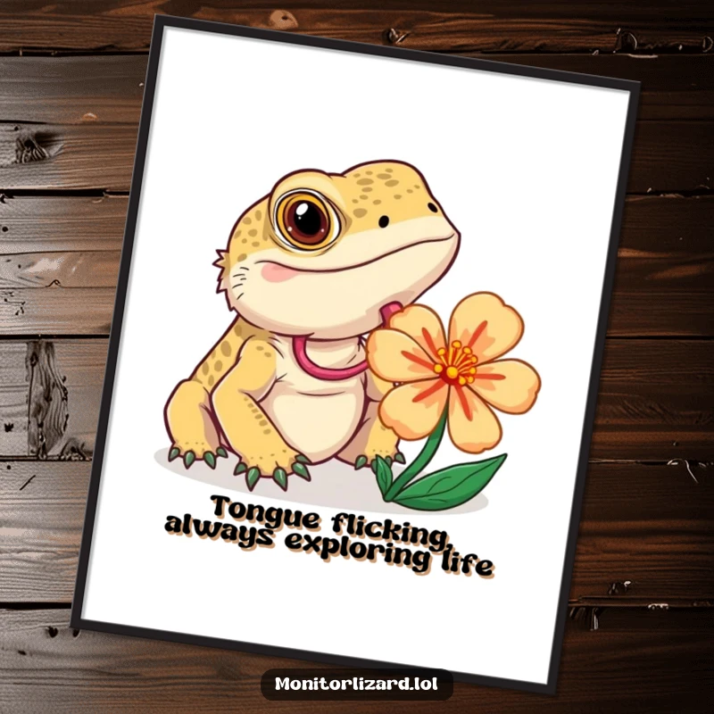 Funny Free Printable Wall Art: A curious monitor lizard with its tongue flicking, intently examining a vividly colored flower, creating a charming scene.