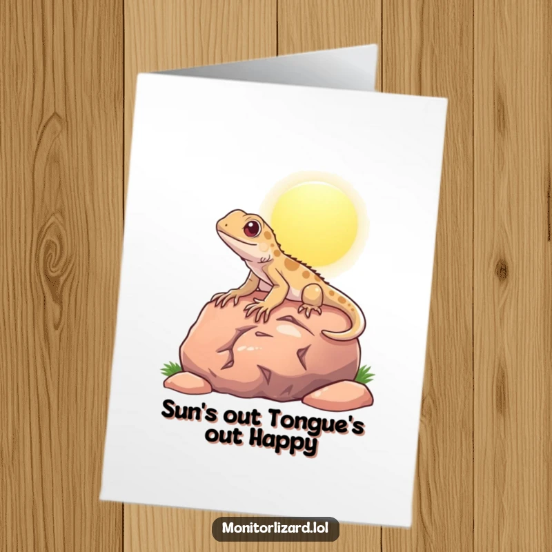 Funny Free Printable Birthday Card featuring a happy monitor lizard sunbathing on a rock, ready to celebrate.