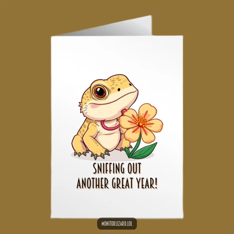 Free Printable Birthday Card: Curious Lizard & Flower - Funny Downloadable Gift