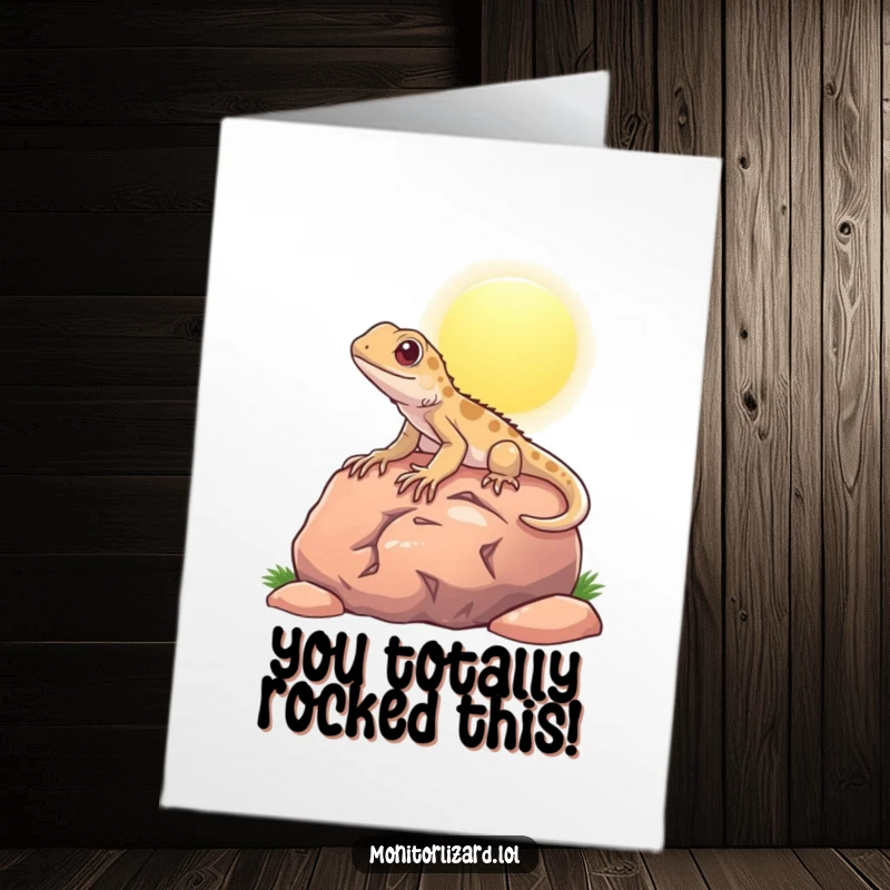 Funny Free Printable Congratulations Card with a content monitor lizard soaking up the sun on a warm rock.