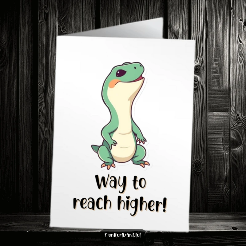 Free Printable Congratulations Card with a happy monitor lizard character stretching its neck upwards, grinning widely.