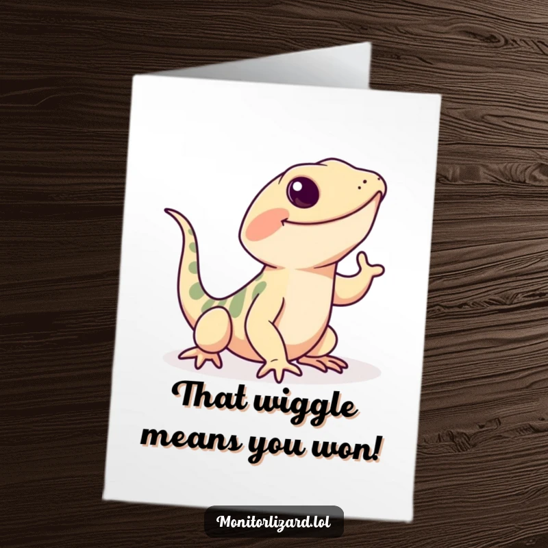 Funny Free Printable Congratulations Card: A monitor lizard enthusiastically wiggling its tail, conveying congratulations and pure delight for a great achievement.