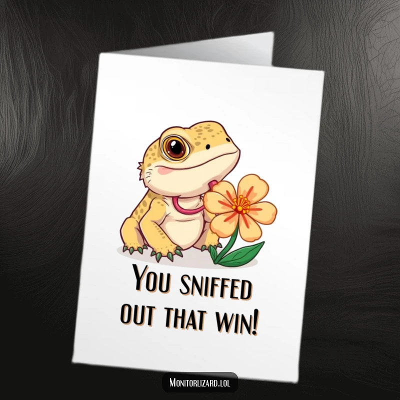 Funny Free Printable Congratulations Card: A curious monitor lizard with tongue out, intently examining a colorful flower, representing attentive celebration.