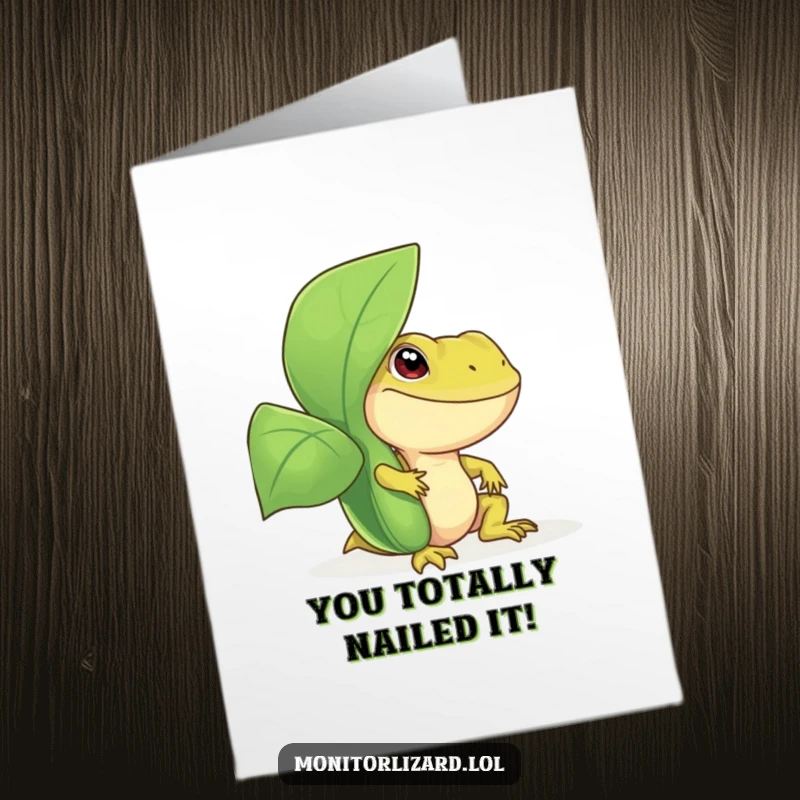 Funny Free Printable Congratulations Card with a smiling monitor lizard peeking from behind a vibrant leafy plant.