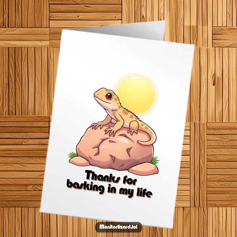 Funny Free Printable Thank You Card showcasing a relaxed monitor lizard basking contentedly on a sun-warmed rock.