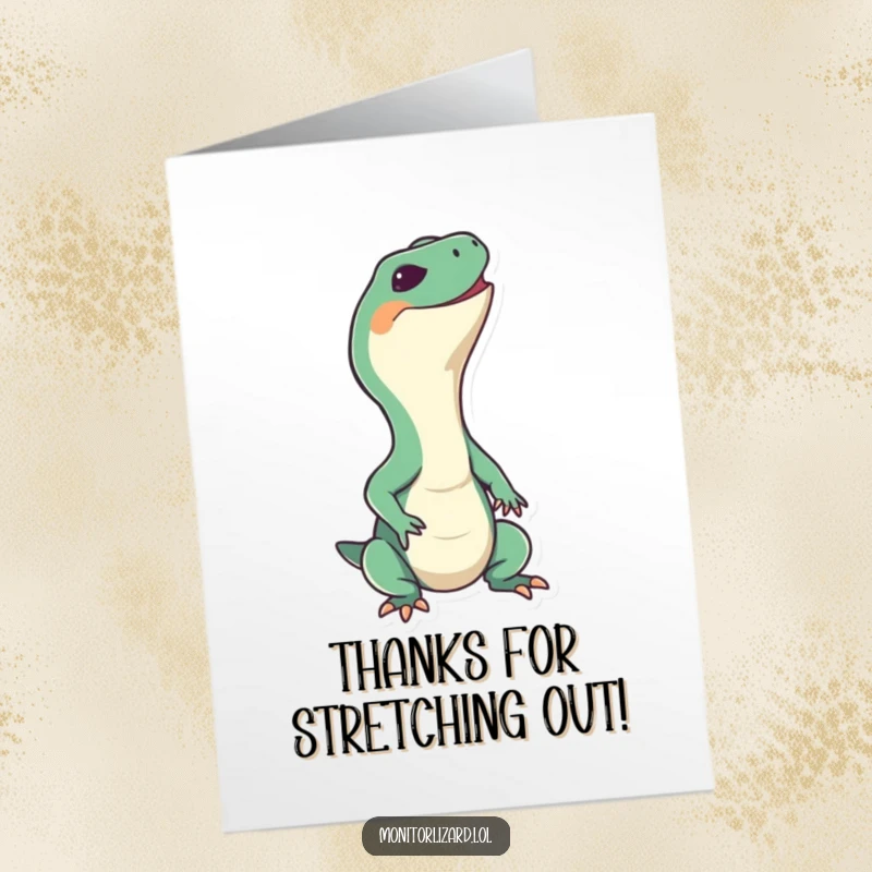 Free Printable Thank You Card featuring a happy monitor lizard character stretching its neck up with a big grin.
