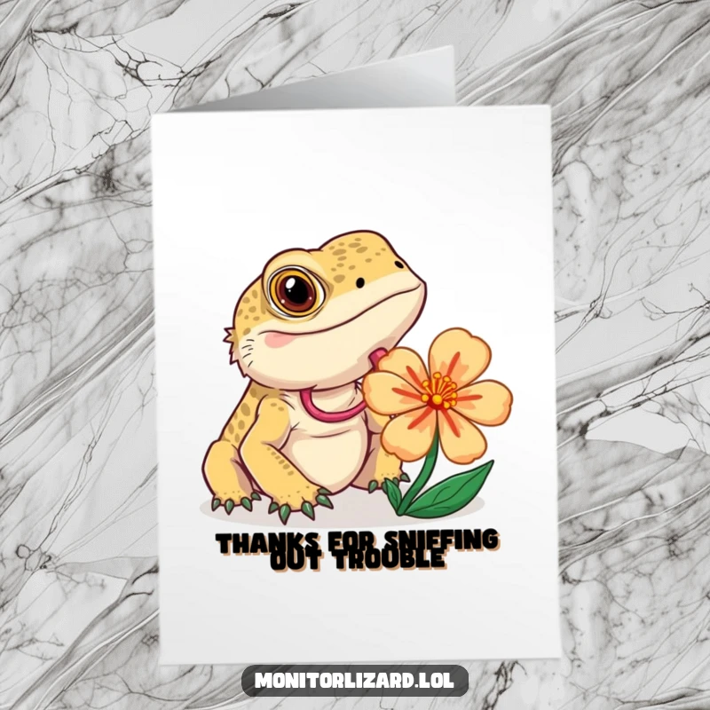 Funny Free Printable Thank You Card: A curious monitor lizard flicks its tongue while examining a bright flower, conveying thanks with keen interest.