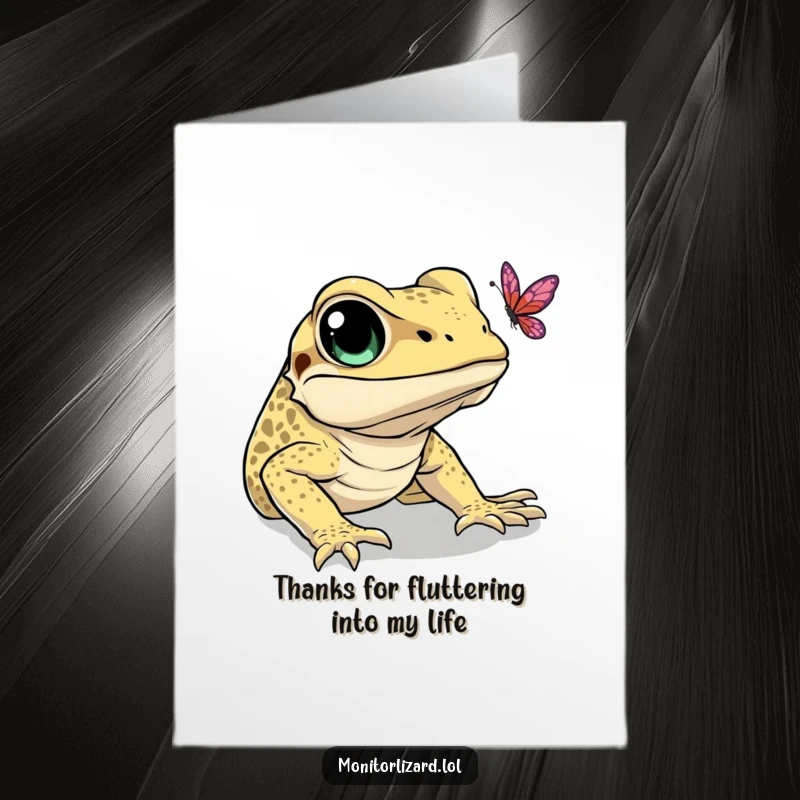 Funny Free Printable Thank You Card featuring a monitor lizard with big, curious eyes focused on catching a fluttering butterfly.