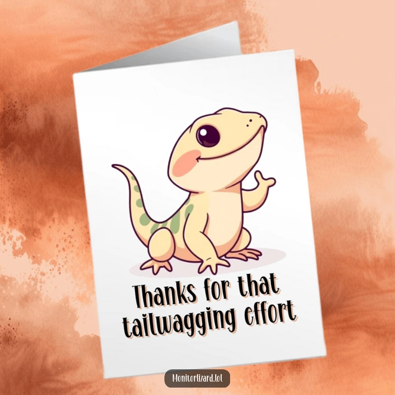 Funny Free Printable Thank You Card: A monitor lizard doing a happy tail wiggle, expressing sincere thanks with a playful and charming attitude.