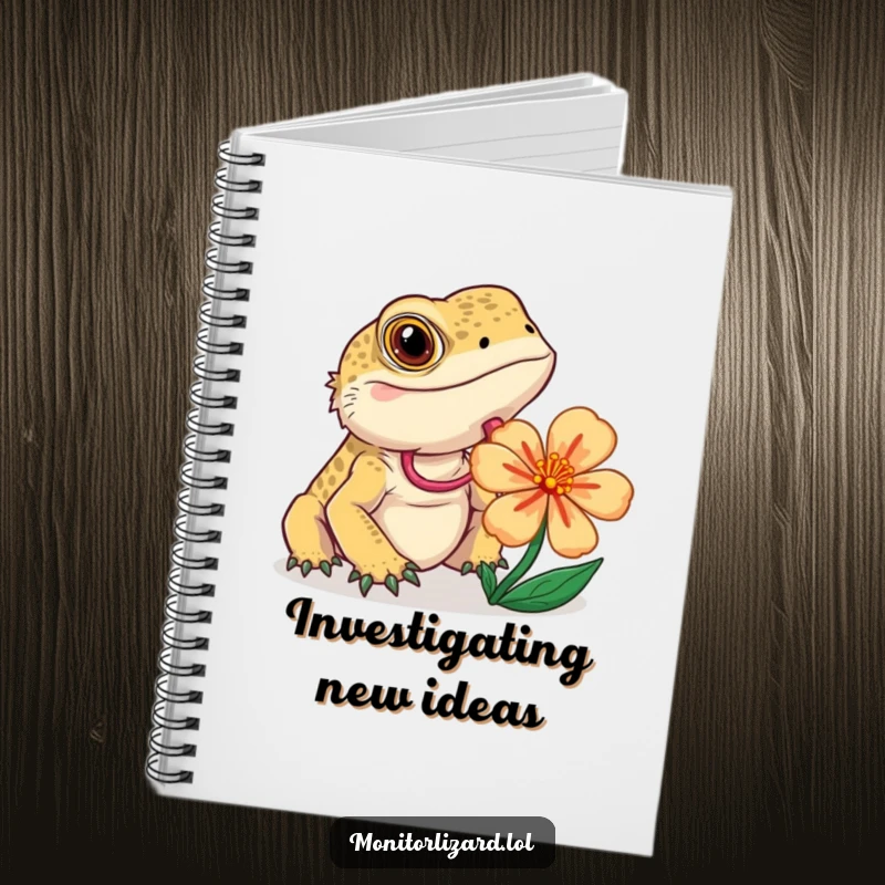Funny monitor lizard notebook with a curious lizard flicking its tongue while examining a colorful flower, ideal for notes.
