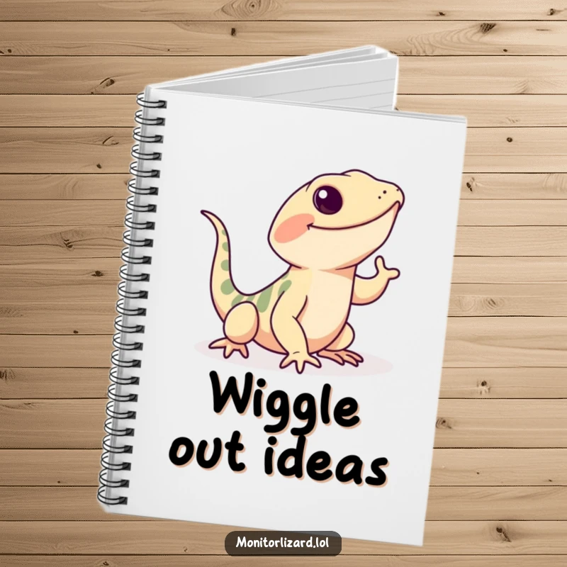 Funny monitor lizard notebook with a playful lizard doing a happy wiggle with its tail, ideal for note-taking.