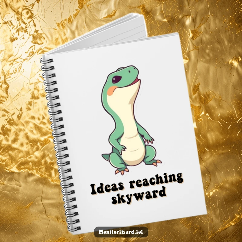 Funny monitor lizard notebook with a happy reptile stretching its neck upwards with a big grin, perfect for journaling happy thoughts.