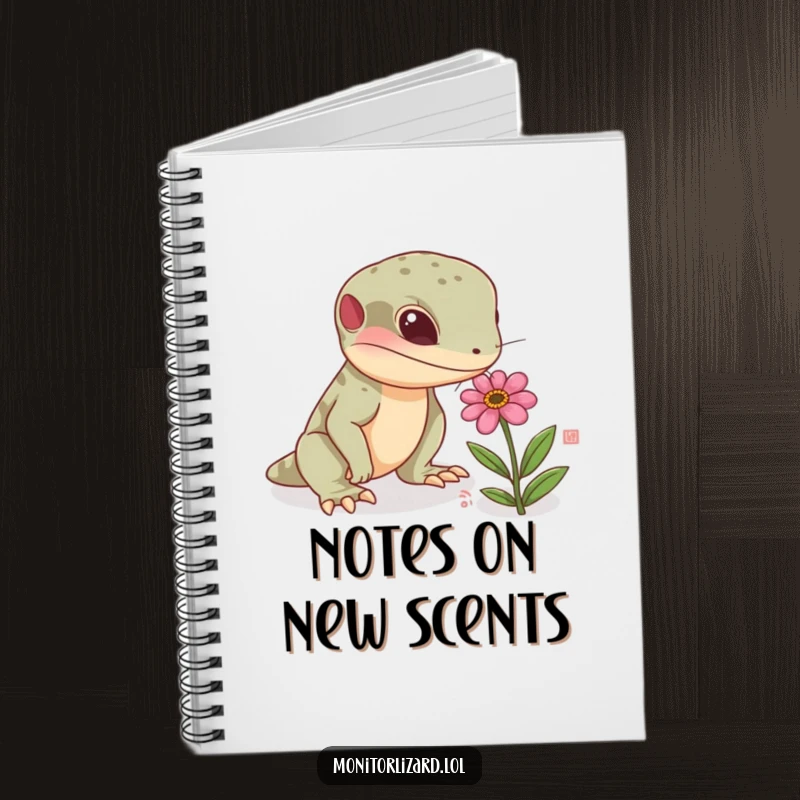Funny monitor lizard notebook with a curious reptile sniffing a tiny, colorful flower, perfect for journaling and capturing new ideas.