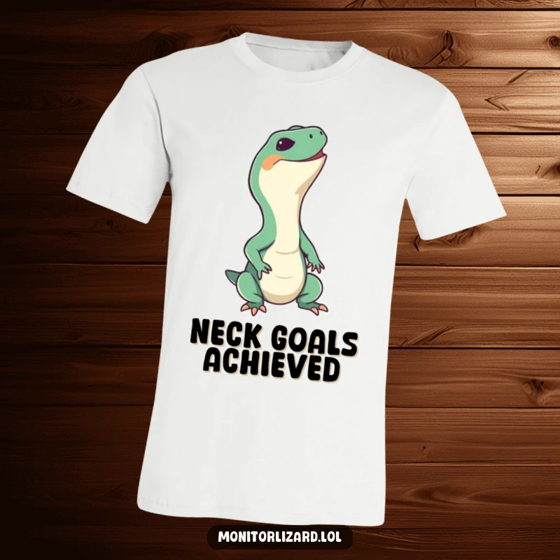Funny monitor lizard t-shirt featuring a happy reptile stretching its neck upwards with a big grin, great for expressing joy.